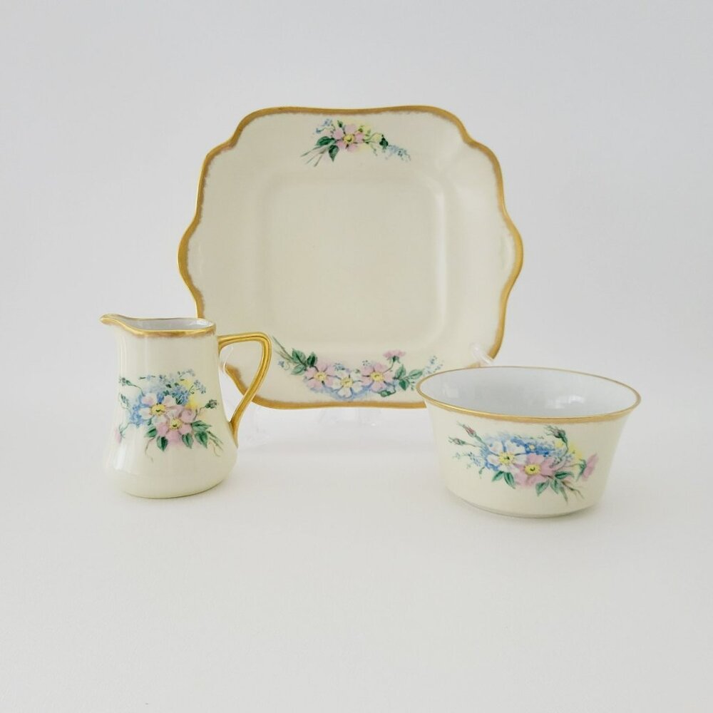 Rare Antiq. Rosenthal Hand Painted Floral Creamer Sugar Bowl & Tray Cream & Gold